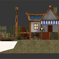 3D Cartoon Scene Featuring Cute House Blue Roof Striped Awning Wooden Fence And Small Boat
