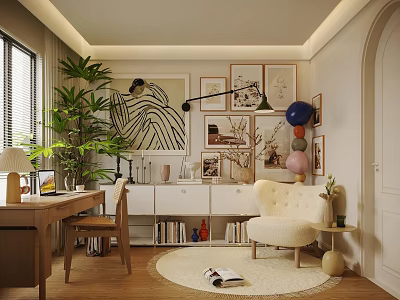 Modern Study Room With Wooden Desk Cozy Chair And Art Decor 3d model