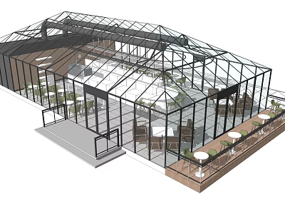 Glasshouse Structure With Transparent Glass Roof Indoor Outdoor Terrace Tables Chairs And Plants 3d model