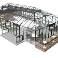 Glasshouse Structure With Transparent Glass Roof Indoor Outdoor Terrace Tables Chairs And Plants