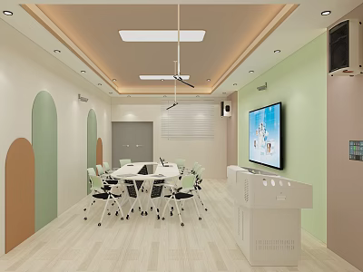 Modern Meeting Room Interior With White Table Green Chairs TV Screen And Geometric Wall Design 3d model