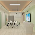 Modern Meeting Room Interior With White Table Green Chairs TV Screen And Geometric Wall Design