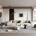 Modern Living Room Interior With Light Sofa Round Coffee Table Geometric Rug And Floor Lamp