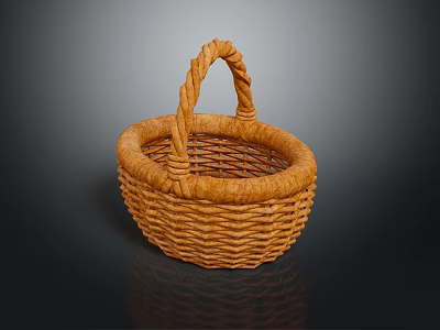 Brown Woven Wicker Basket With Handle On Black Background Surface 3d model