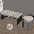 Modern Interior With Cylindrical Cushion Bench Black Frame Round Woven Stool And Spherical Decor 3d model