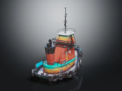 Vibrant Painted Wooden Boat Featuring Upper Deck Structure Small Mast And Tire Fenders 3d model