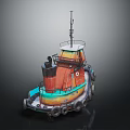 Vibrant Painted Wooden Boat Featuring Upper Deck Structure Small Mast And Tire Fenders