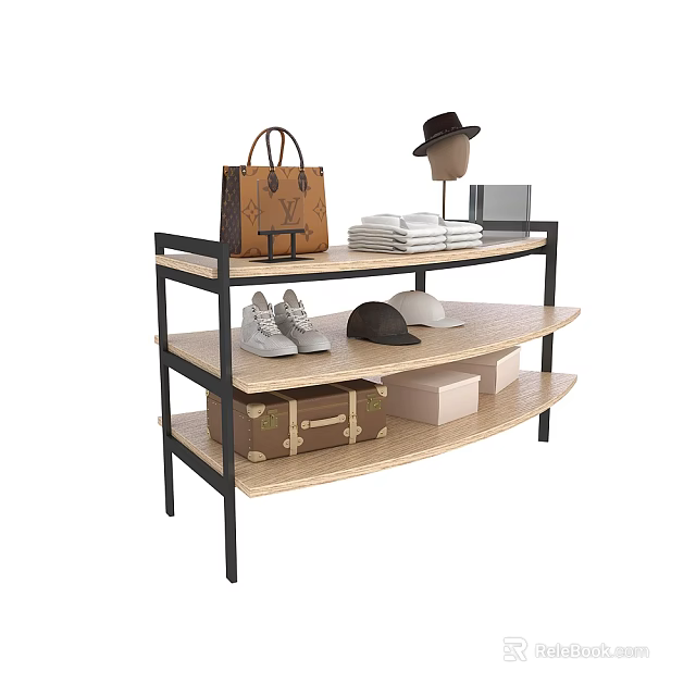Multi tiered Display Shelf with Handbag Hat Tablet Towels Sneakers Luggage and Boxes 3d model 