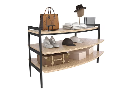 Multi tiered Display Shelf with Handbag Hat Tablet Towels Sneakers Luggage and Boxes 3d model