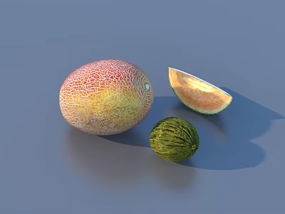 Fresh Ripe Melon Fruits With Whole Yellow Pink Melon Sliced Piece And Small Green Melon 3d model
