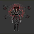 Futuristic Female Character In Tech Suit With Red Circular Device And Mechanical Arms