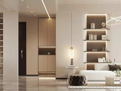 Modern Living Dining Room Interior With Sofa Display Shelves And Pendant Lights 3d model