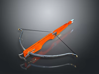 Orange Bow Weapon Featuring Metallic Frame Bowstring And Shiny Reflection On Black Surface 3d model
