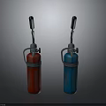 Red and Blue Safety Fire Extinguishers Standing Side by Side on Dark Surface