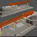 Construction Scene Components Including Orange Crane Bridge Pier And Construction Vehicles 3d model