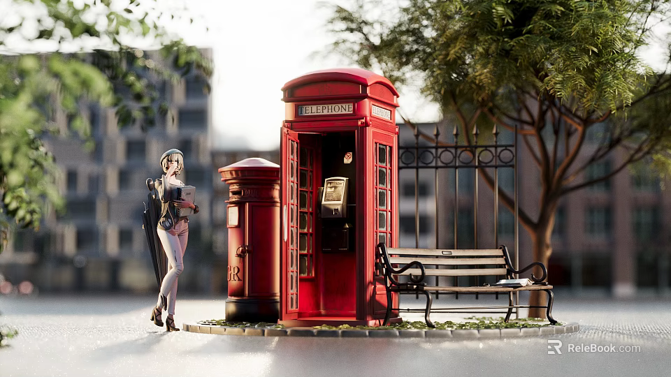 Charming Commercial Street Scene With Red Telephone Booth Postbox Bench Trees And Background Buildings 3d model 