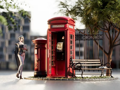 Charming Commercial Street Scene With Red Telephone Booth Postbox Bench Trees And Background Buildings 3d model