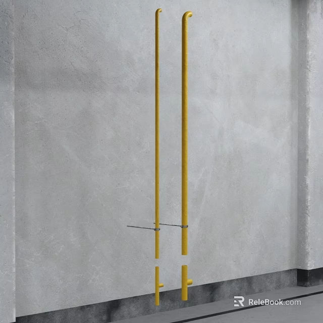 Yellow Pipes On Gray Concrete Wall With Metal Connecting Bracket 3d model 