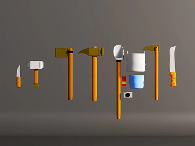 Different Types of Weapons with Orange Handles Hanging on Gray Background 3d model