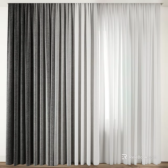 Elegant Textured Curtains in Black Gray and White for Modern Home Window Decor 3d model 