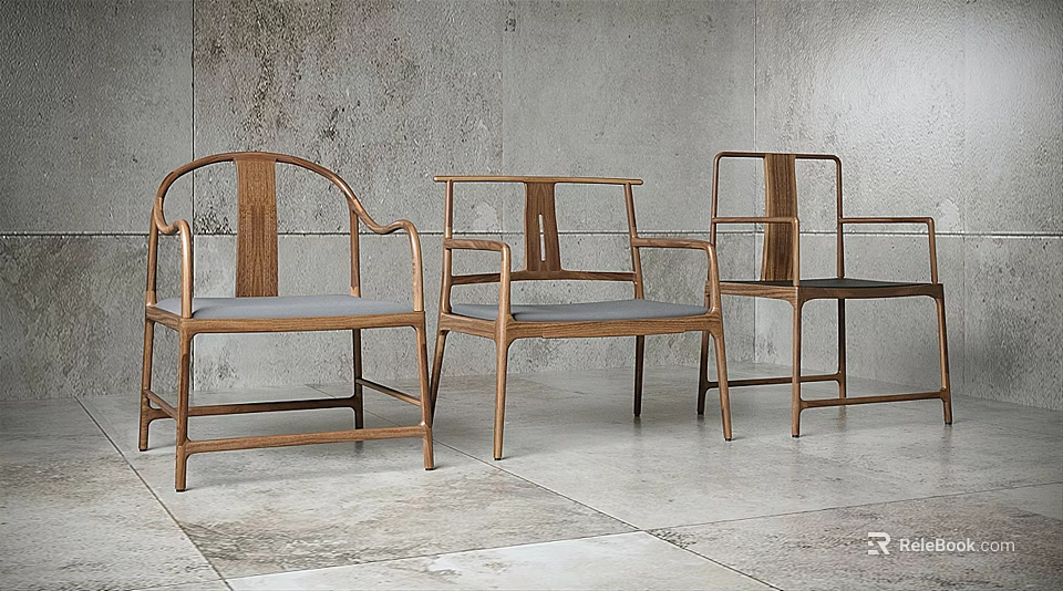 Modern Wooden Leisure Chairs With Three Unique Backrest Designs And Gray Indoor Space 3d model 