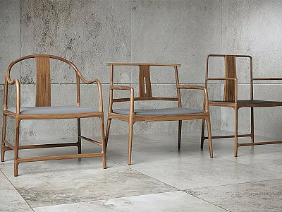 Modern Wooden Leisure Chairs With Three Unique Backrest Designs And Gray Indoor Space 3d model