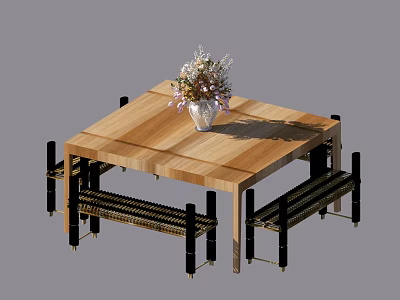 Square Wooden Tea Table and Chairs with Vase of Flowers Black Legs and Striped Seats 3d model