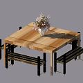 Square Wooden Tea Table and Chairs with Vase of Flowers Black Legs and Striped Seats