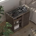 Wooden Side Table With Storage Shelves Teapot And Cups Near Sofa In Living Room