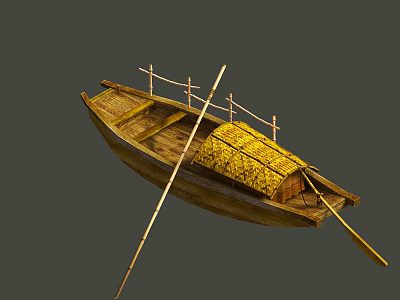 Traditional Wooden Boat with Bamboo Railing Yellow Canopy Cover and Wooden Oars 3d model