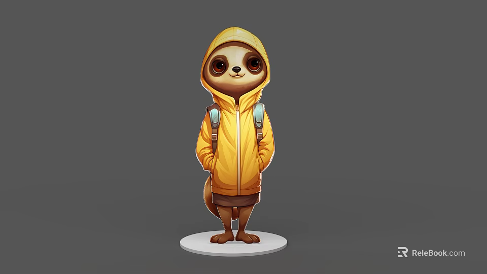 Game Movie Character Wearing Yellow Hooded Coat With Blue Backpack Standing On White Base 3d model 