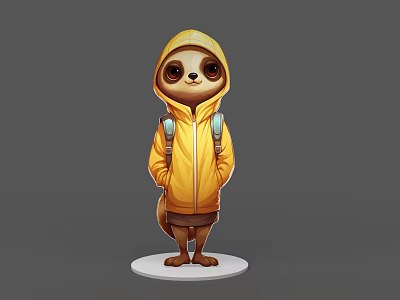 Game Movie Character Wearing Yellow Hooded Coat With Blue Backpack Standing On White Base 3d model