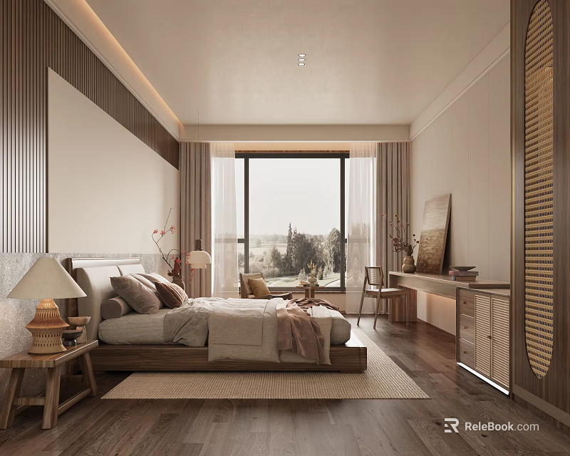 Modern Hotel Room Interior With King Bed Wooden Accents And Floor-to-Ceiling Windows 3d model 