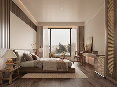 Modern Hotel Room Interior With King Bed Wooden Accents And Floor-to-Ceiling Windows 3d model