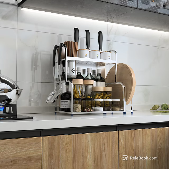 Metal Kitchen Shelf Organizer With Knives Spice Jars And Utensils On Countertop 3d model 