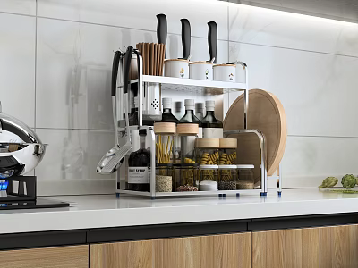 Metal Kitchen Shelf Organizer With Knives Spice Jars And Utensils On Countertop 3d model