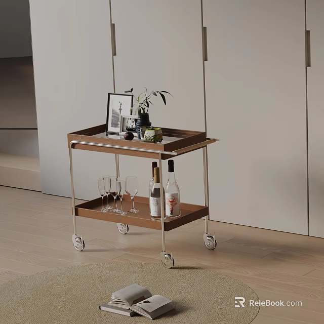 Rolling Two Tier Side Cart With Tray Top Silver Frame And Decorative Items 3d model 