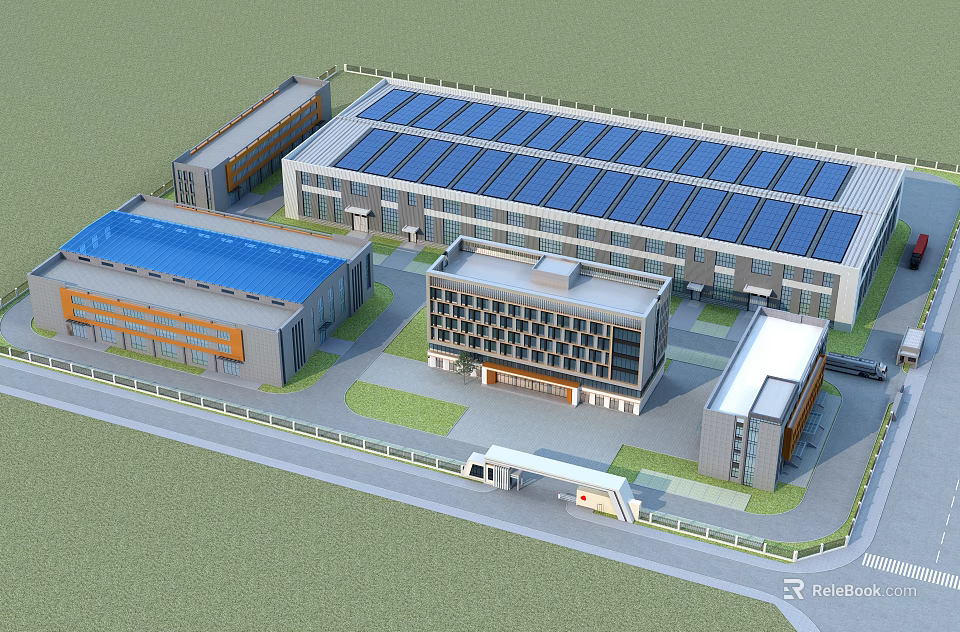 Modern Industrial Factory Complex With Solar Panels On Roof And Green Lawn Area 3d model 