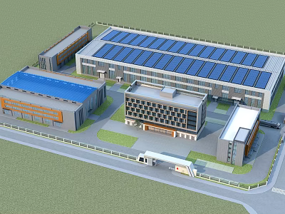 Modern Industrial Factory Complex With Solar Panels On Roof And Green Lawn Area 3d model