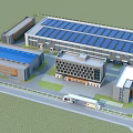 Modern Industrial Factory Complex With Solar Panels On Roof And Green Lawn Area