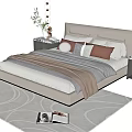 Modern Double Bed with Gray Headboard Pillows Blanket and Marble Nightstands on Patterned Rug 3d model