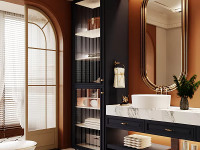 Modern Bathroom Interior With Arched Door Blinds Black Shelving Gold Framed Mirror And White Sink 3d model
