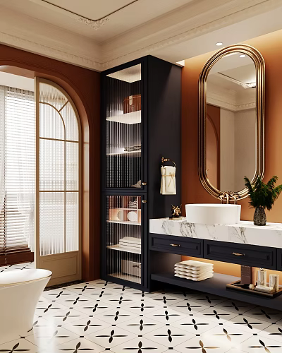 Modern Bathroom Interior With Arched Door Blinds Black Shelving Gold Framed Mirror And White Sink 3d model