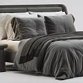 Modern Gray Double Bed With Velvet Headboard Plush Pillows And Side Stool