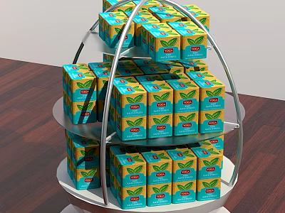 Modern Multi Tiered Metal Display Shelf With Neatly Arranged Yellow And Blue Tea Boxes 3d model