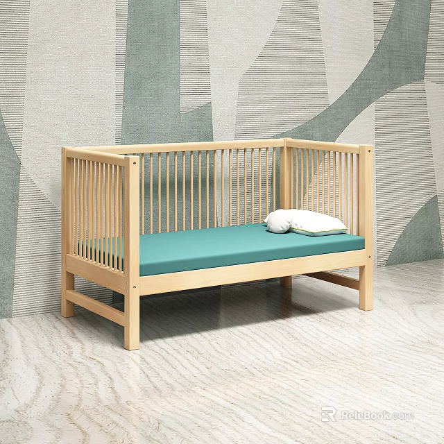 Wooden Kids Bed with Slatted Guardrails Blue Mattress and White Pillows 3d model 
