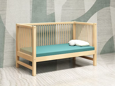 Wooden Kids Bed with Slatted Guardrails Blue Mattress and White Pillows 3d model
