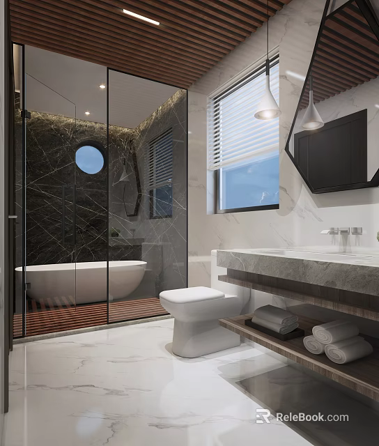 Modern Luxurious Bathroom Interior With Glass Shower Enclosure Round Window Bathtub And Marble Countertop 3d model 