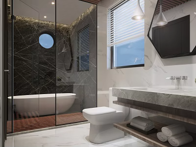 Modern Luxurious Bathroom Interior With Glass Shower Enclosure Round Window Bathtub And Marble Countertop 3d model