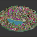 Cartoon City Scene With Colorful Buildings Green Trees And Blue Water Area